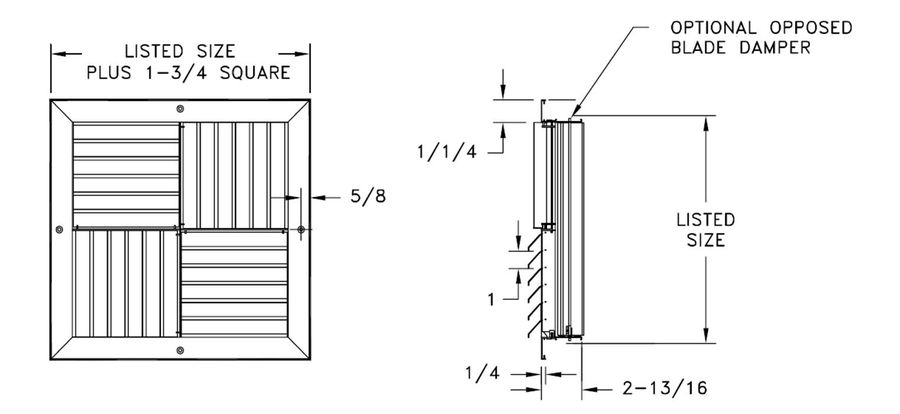 MCD - Aluminum Adjustable Modular Core Diffuser, Flat Margin, with OBD option - dimensional drawing