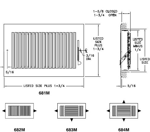 680M - Steel Stamped Face Register, 1-4-way, Metal Handle, MS damper - Dimensional Drawing